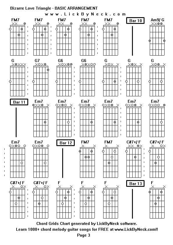 Chord Grids Chart of chord melody fingerstyle guitar song-Bizarre Love Triangle - BASIC ARRANGEMENT,generated by LickByNeck software.